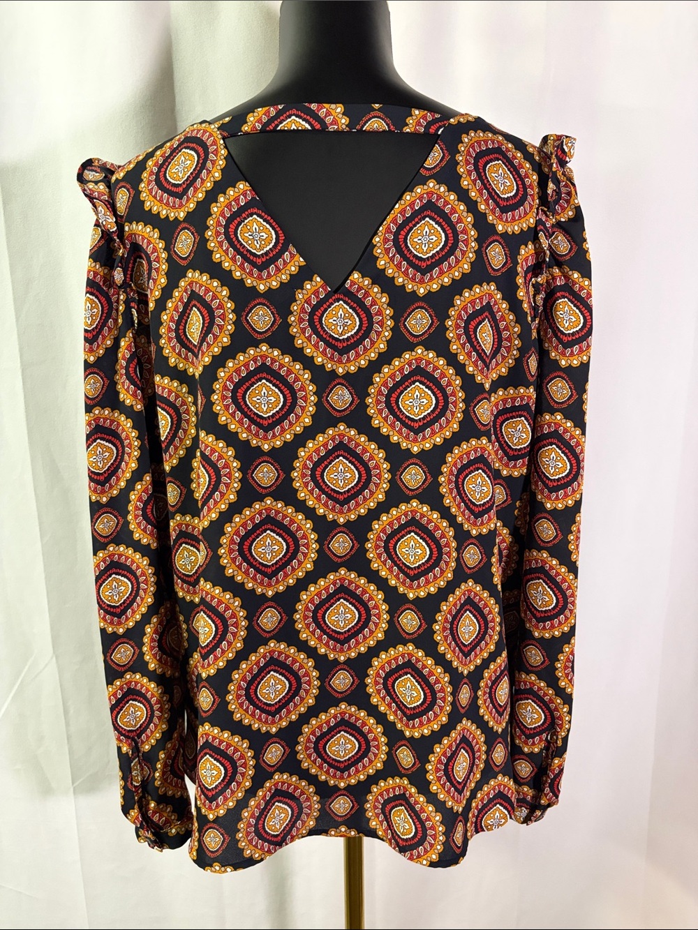 LOFT Navy Red & Burnt Orange Printed Cut Out Back Ruffle Accent Blouse